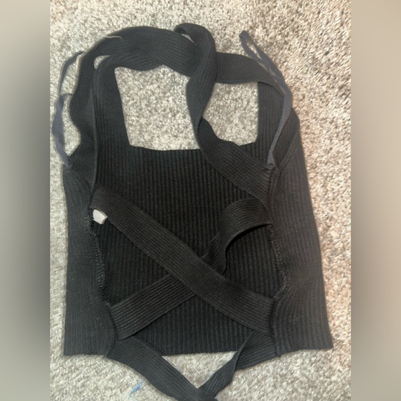 Black Ribbed Crop Top with Cross Back and Tie Size Small - Picture 6 of 9